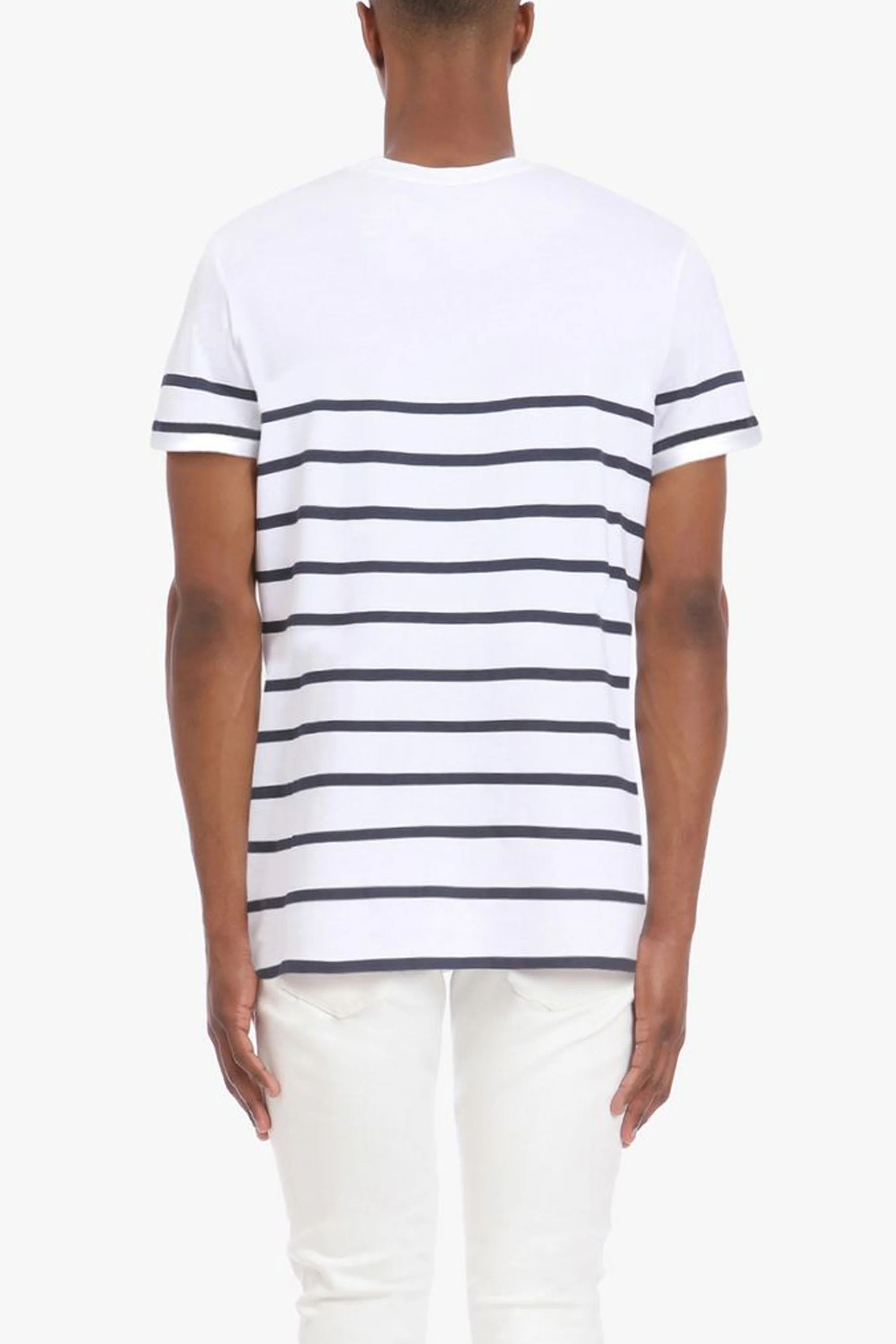 Balmain White and blue striped cotton T-shirt with black logo - Image 3