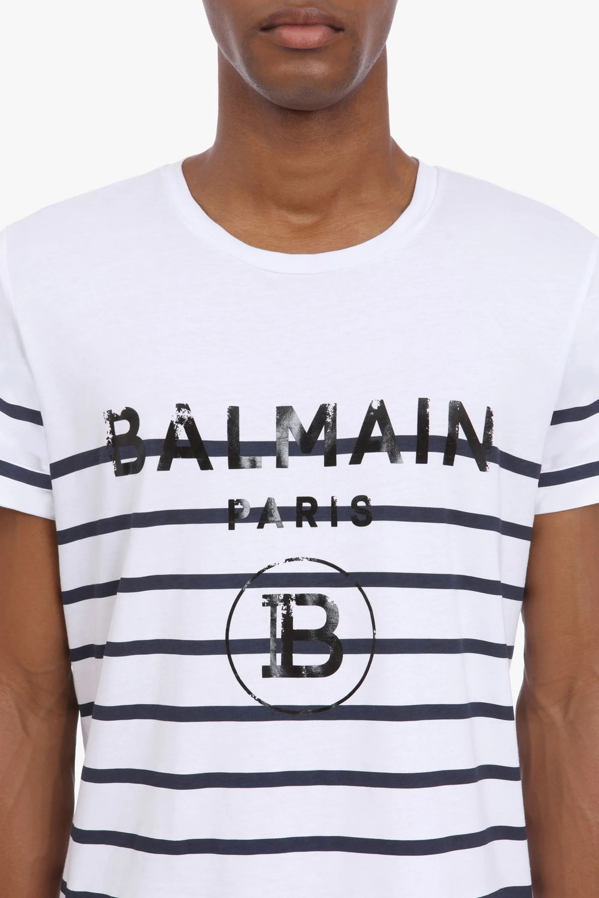 Balmain White and blue striped cotton T-shirt with black logo - Image 4
