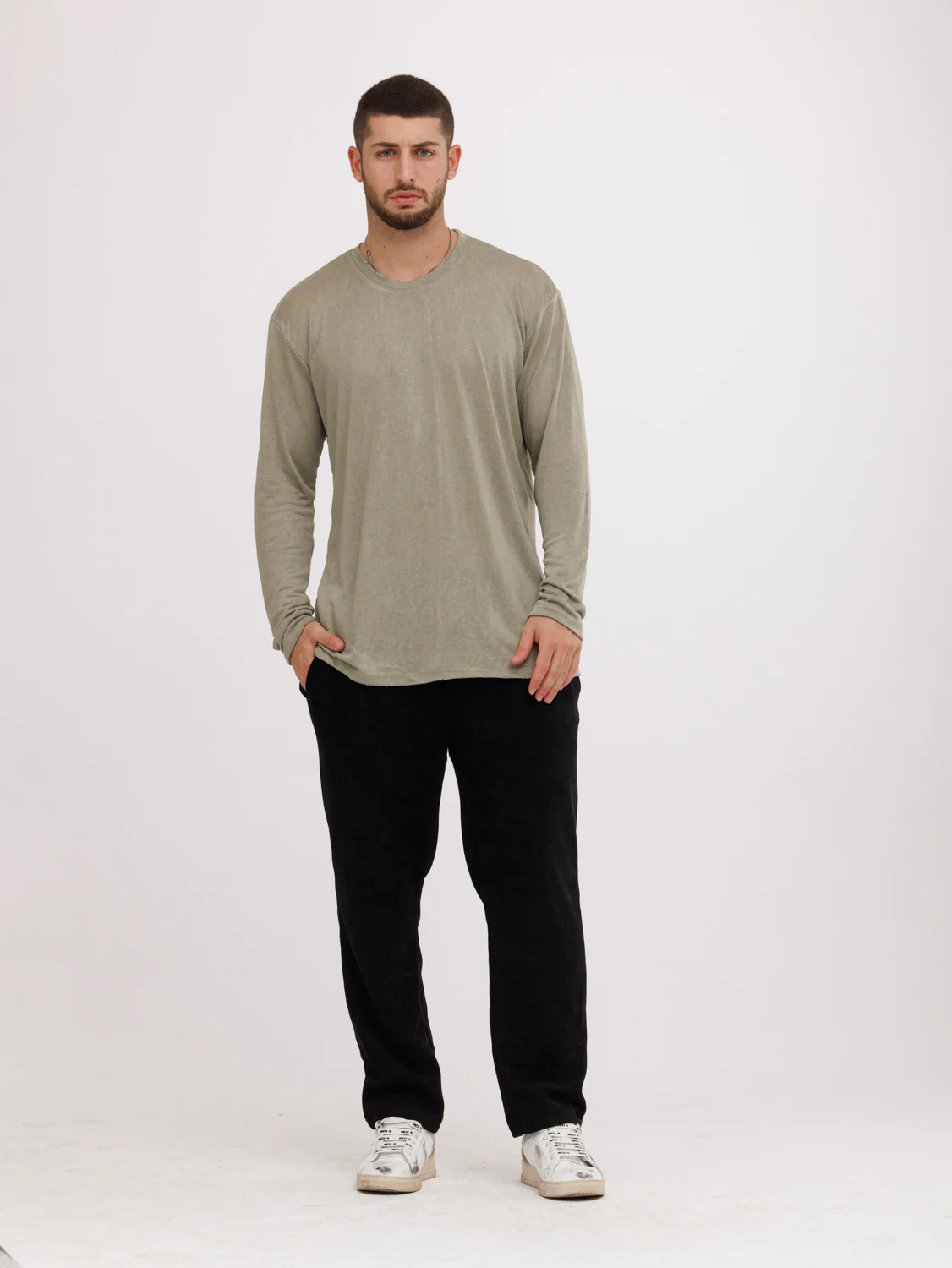 CREW Milano Linen Long Sleeve T-Shirt Green - Image 2