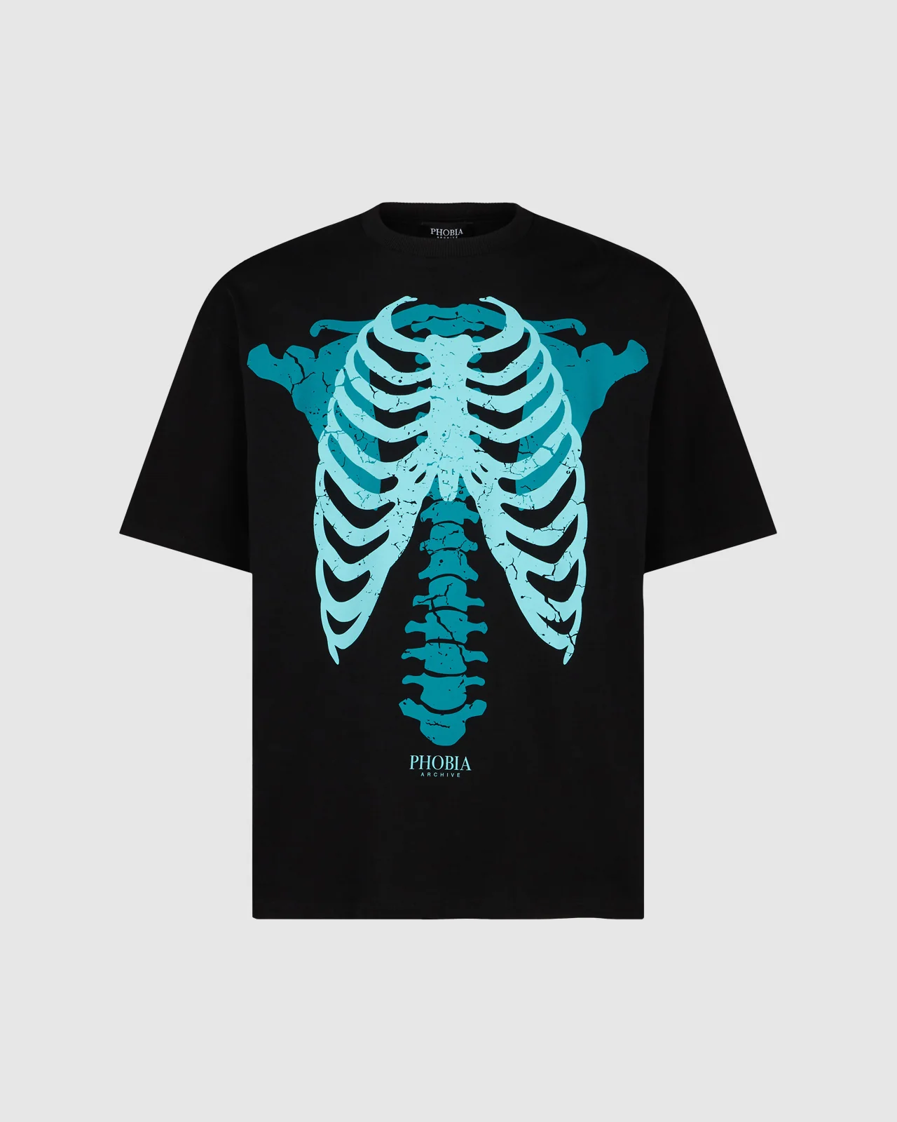 PHOBIA BLACK T-SHIRT WITH BLUE BONES PRINT